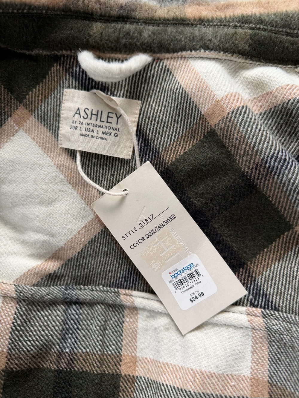 Ashley By 26 International Olive, Cream & Tan Plaid Shacket - Picture 2 of 2
